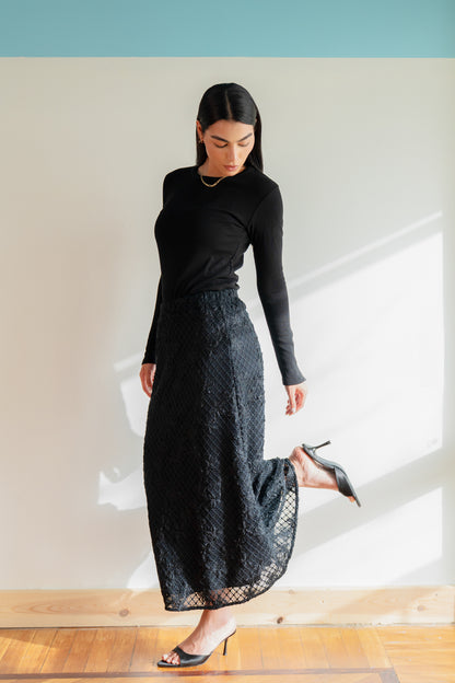 Lace Organza Floral Skirt in Black
