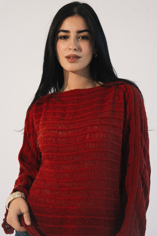 Textured Knit Sweater in Red