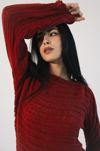Textured Knit Sweater in Red