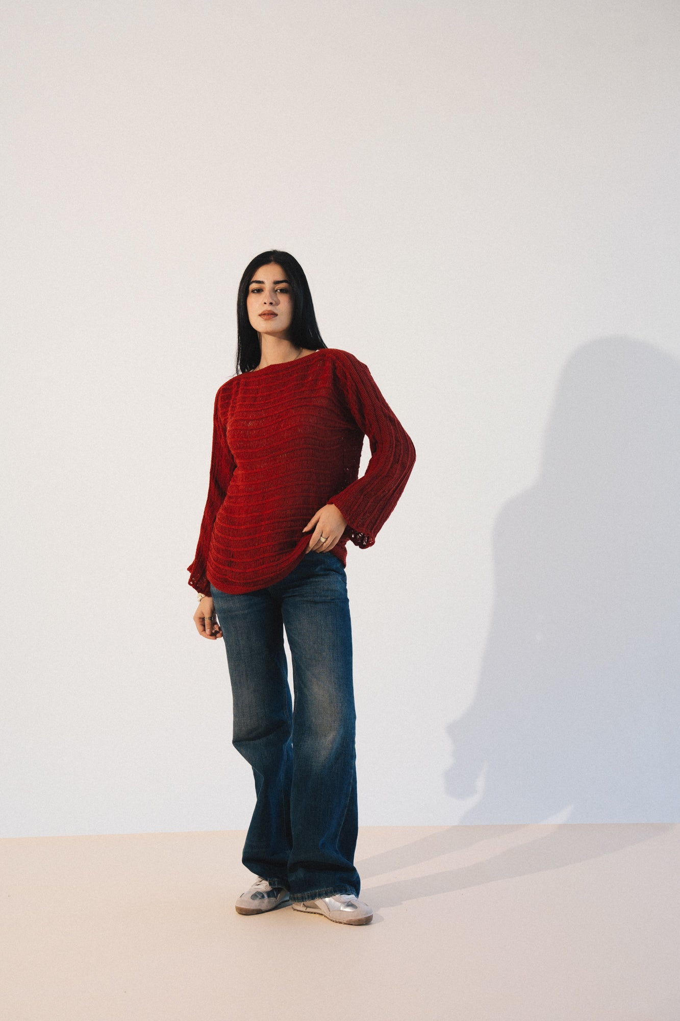 Textured Knit Sweater in Red