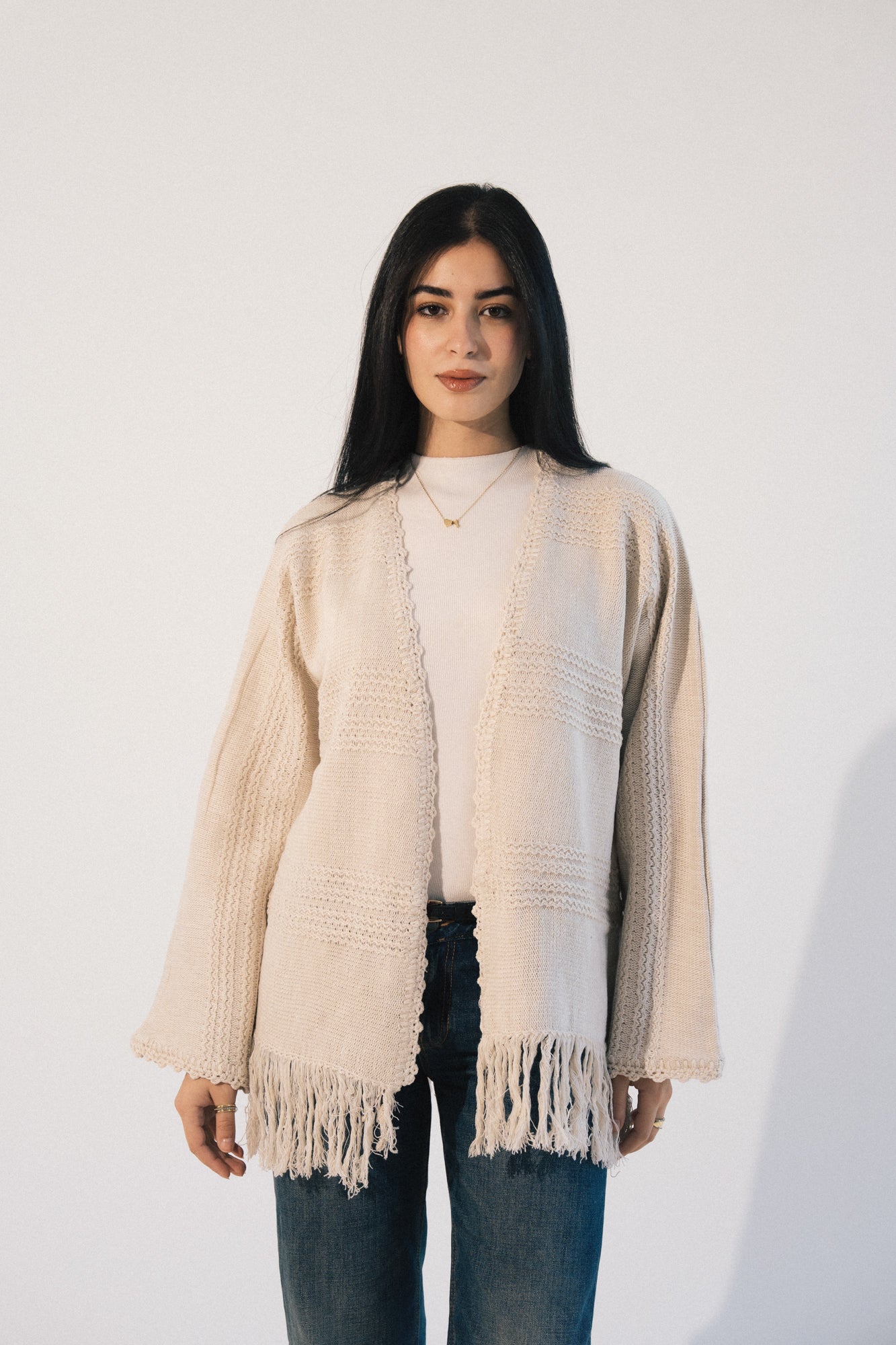 Fringes Knit Cardigan in Beige