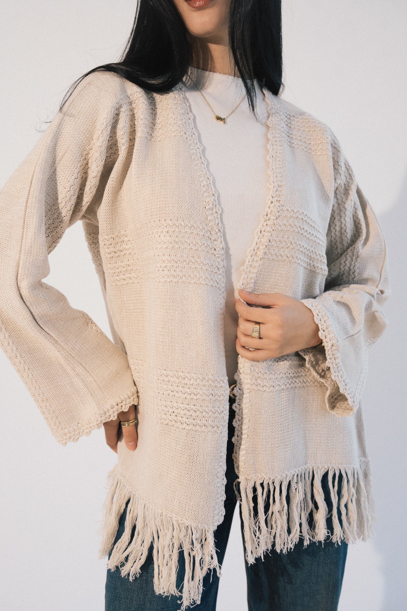 Fringes Knit Cardigan in Beige