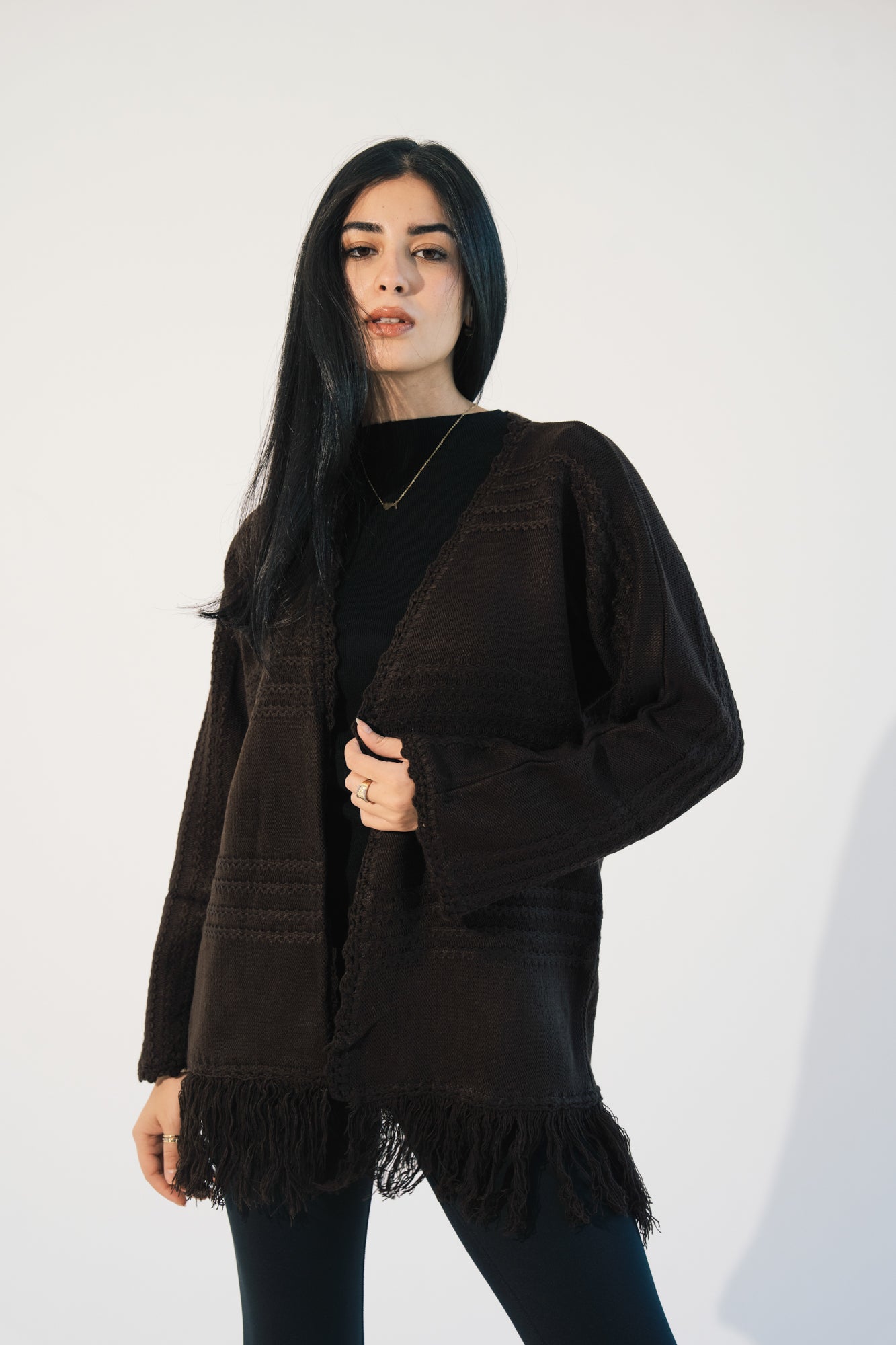 Fringes Knit Cardigan in Brown