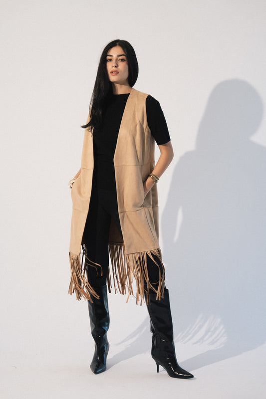 The Suede Fringe Vest in Beige