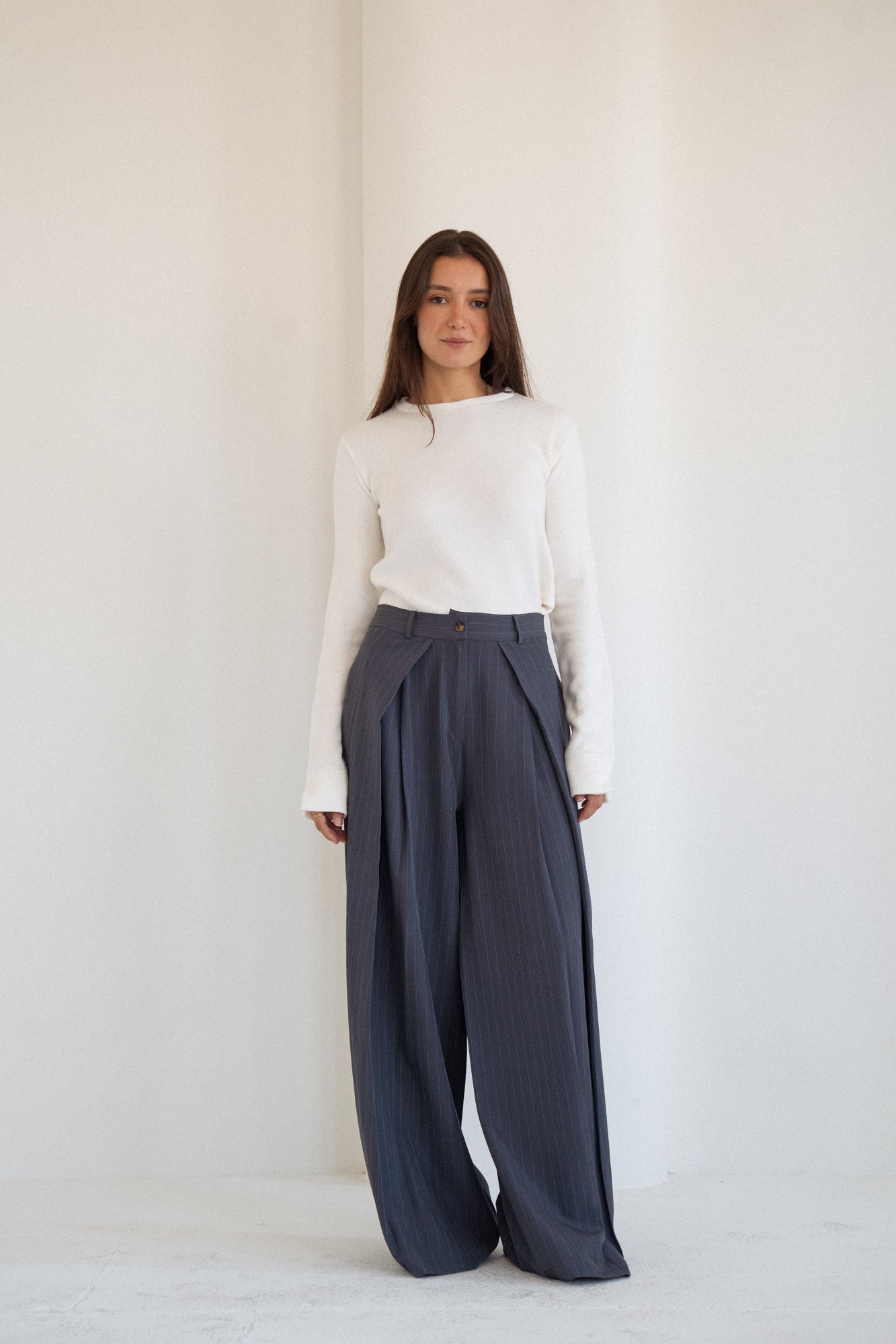 Tailored Stripe Trousers in Navy Teal