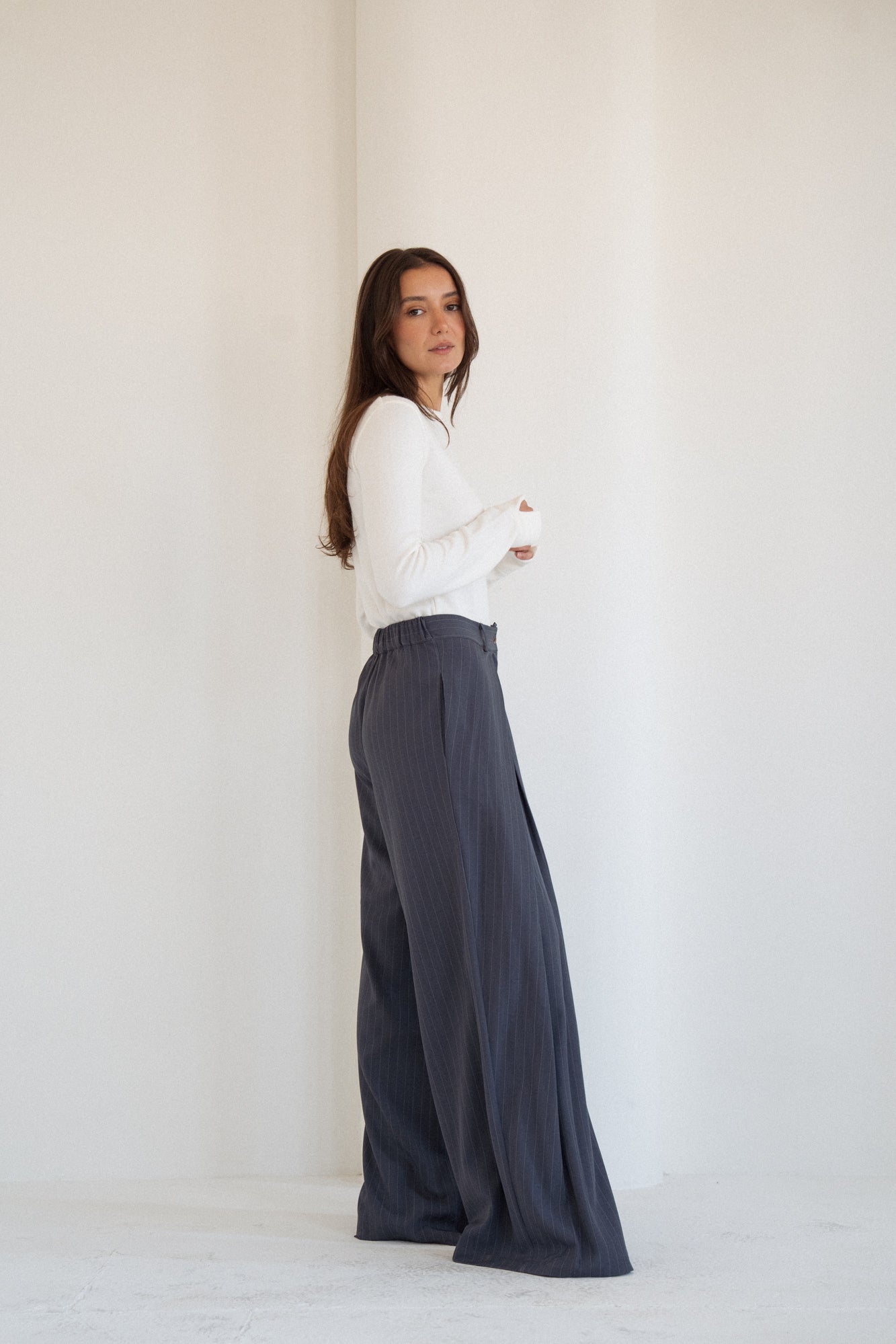 Tailored Stripe Trousers in Navy Teal
