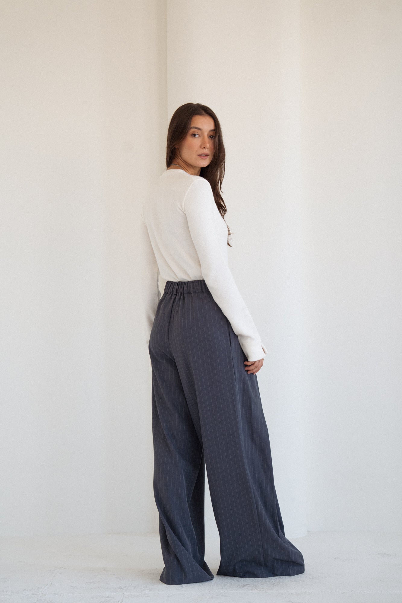 Tailored Stripe Trousers in Navy Teal