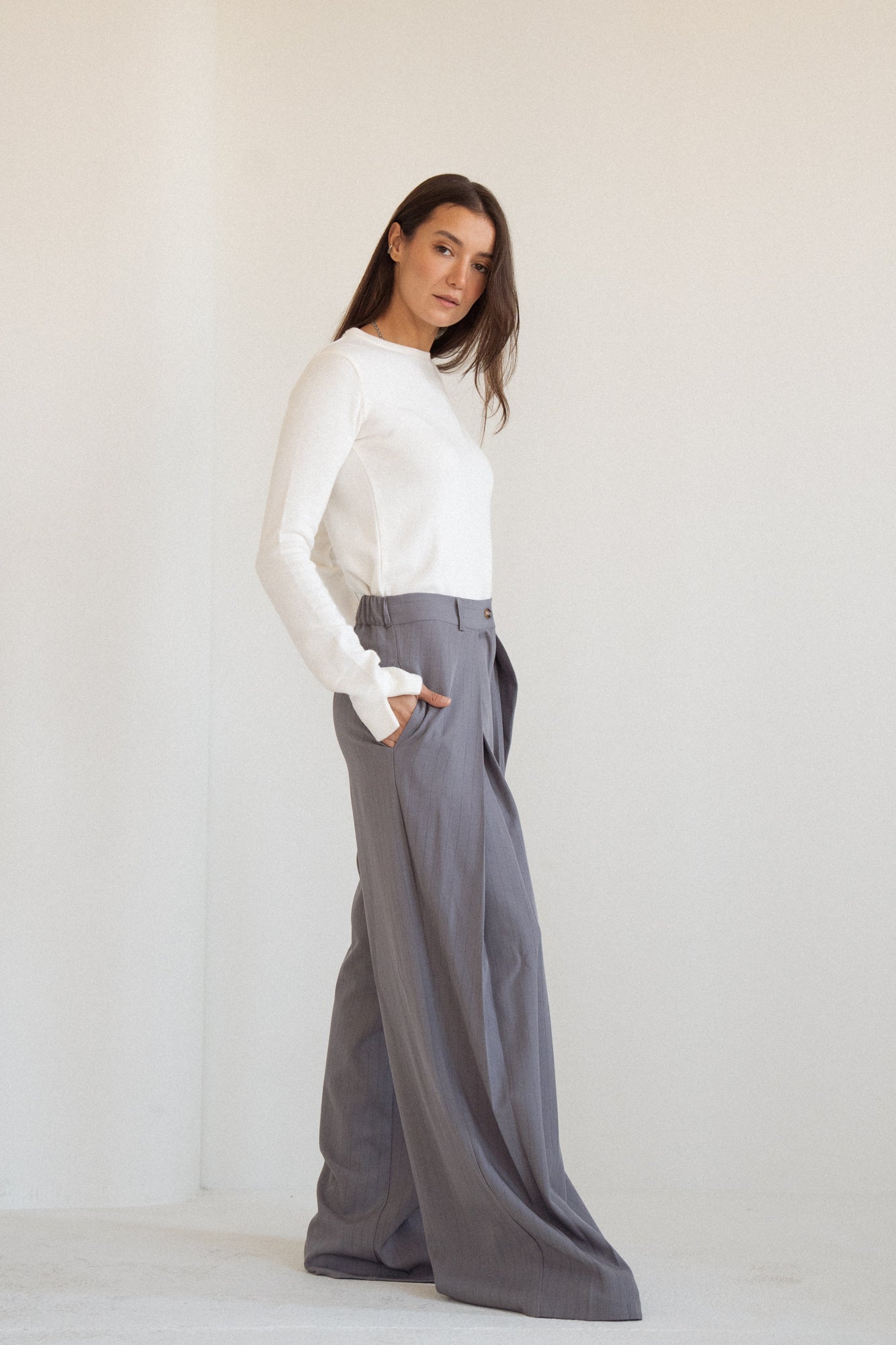 Tailored Stripe Trousers in Grey