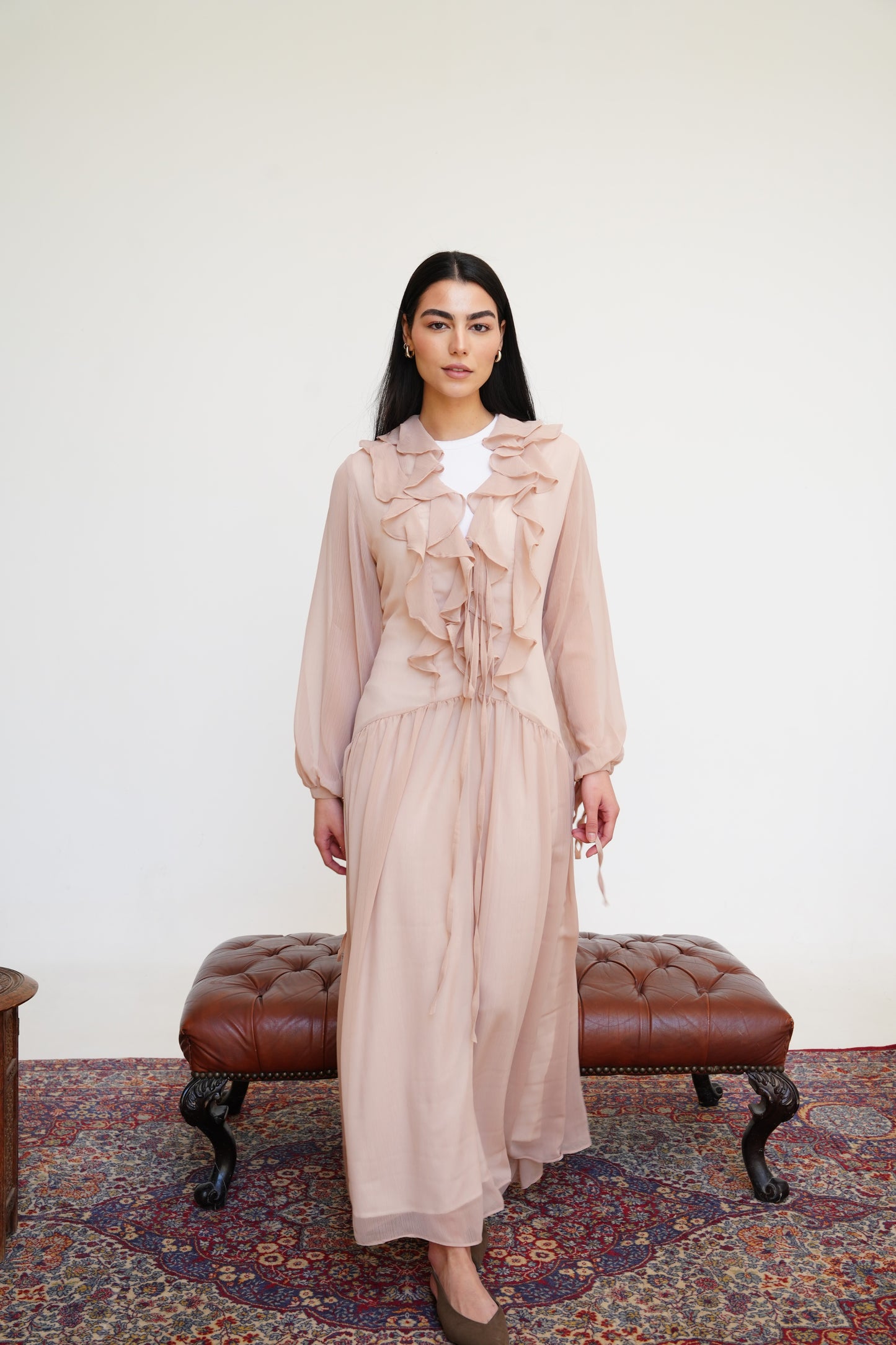 Ruffle Chiffon Dress in Beige Pink