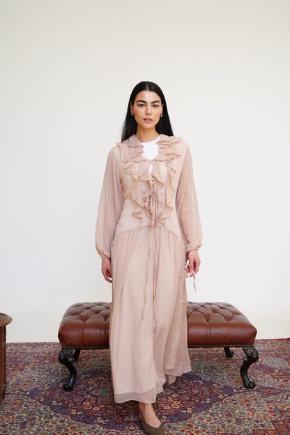 Ruffle Chiffon Dress in Beige Pink