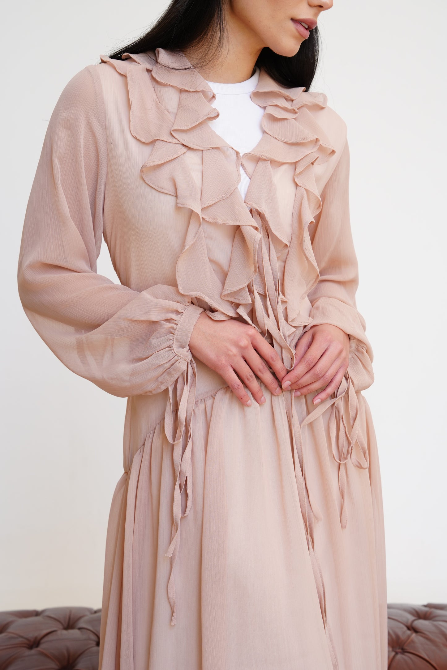 Ruffle Chiffon Dress in Beige Pink