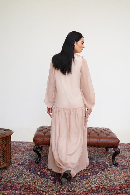 Ruffle Chiffon Dress in Beige Pink