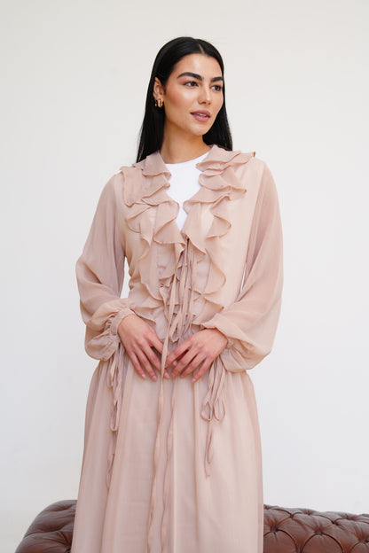 Ruffle Chiffon Dress in Beige Pink