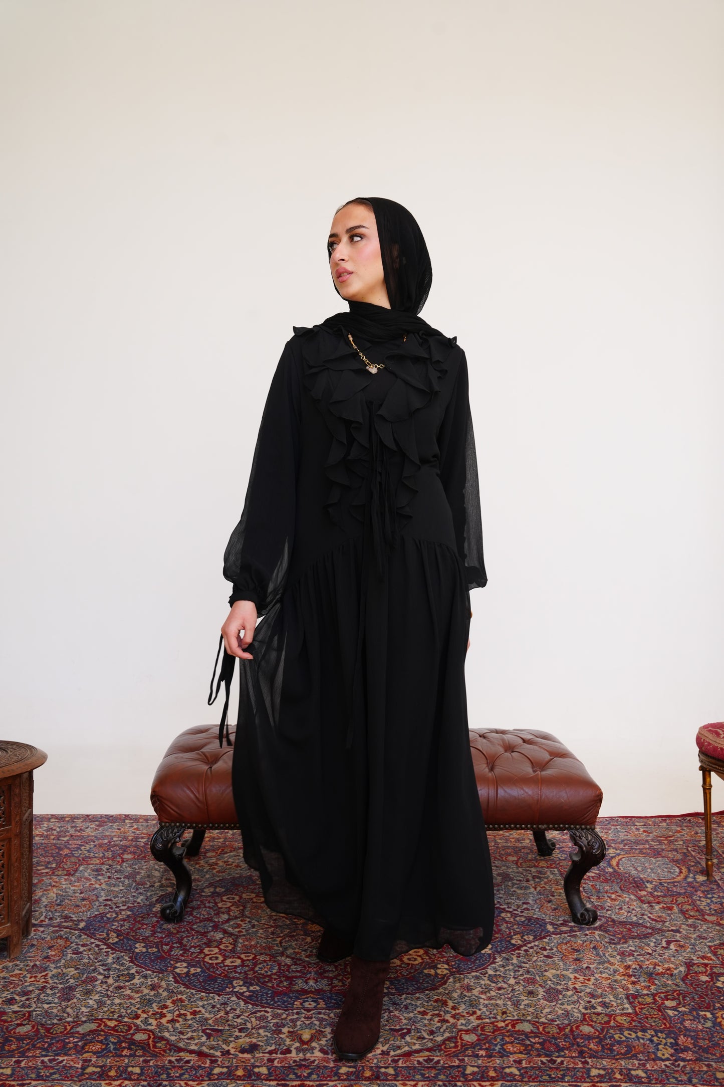 Ruffle Chiffon Dress in Black