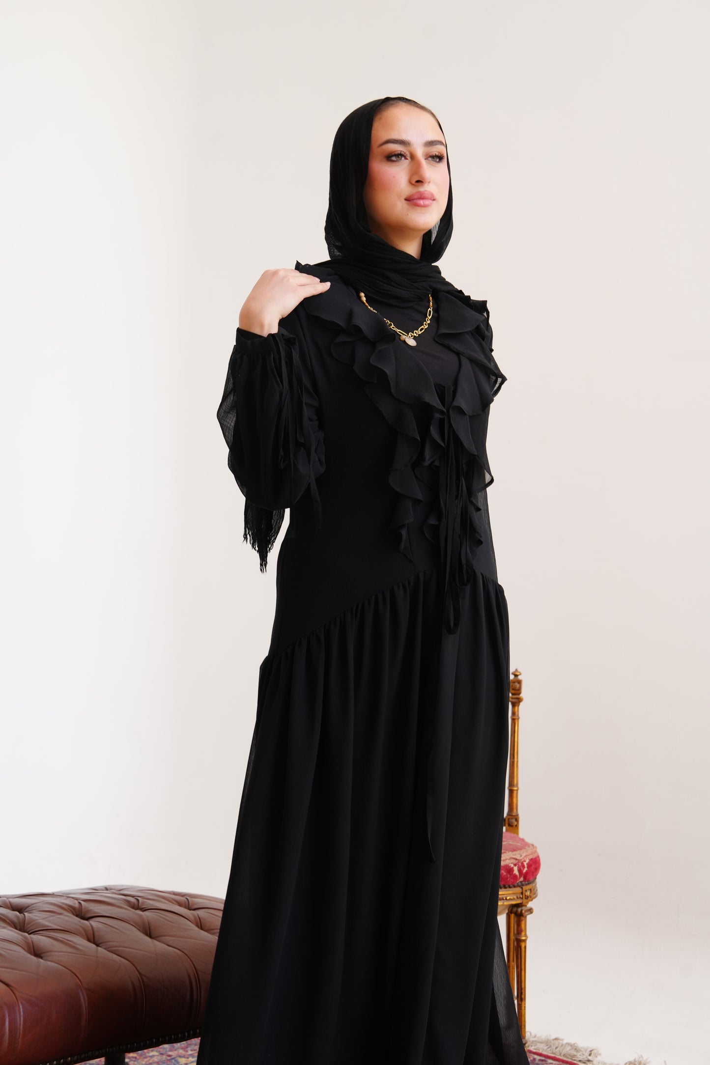 Ruffle Chiffon Dress in Black