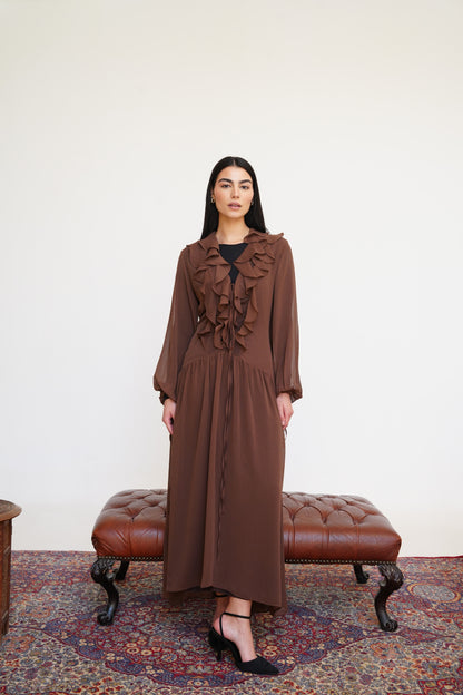 Ruffle Chiffon Dress in Brown