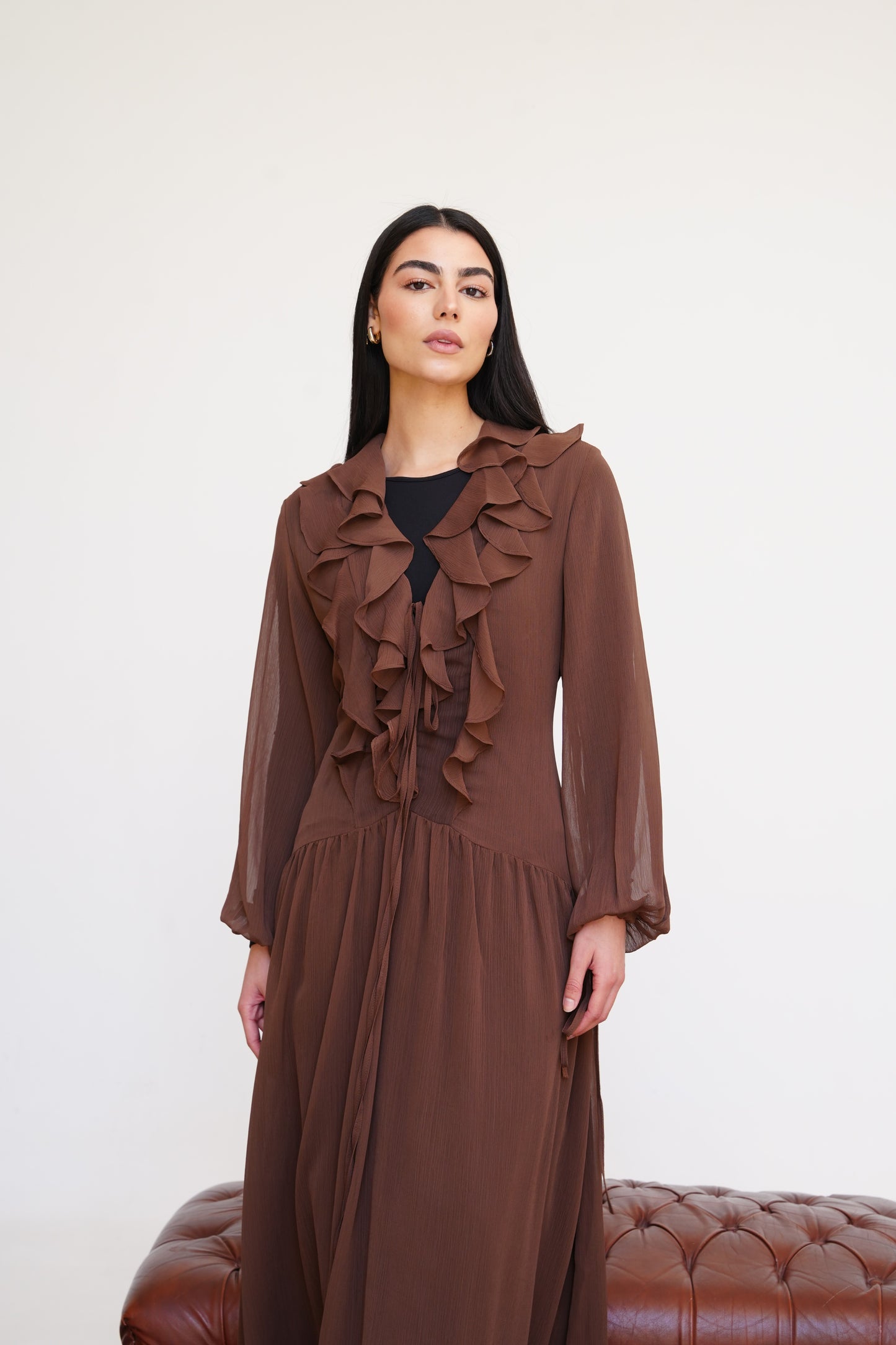 Ruffle Chiffon Dress in Brown