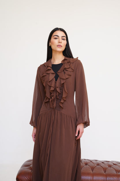 Ruffle Chiffon Dress in Brown