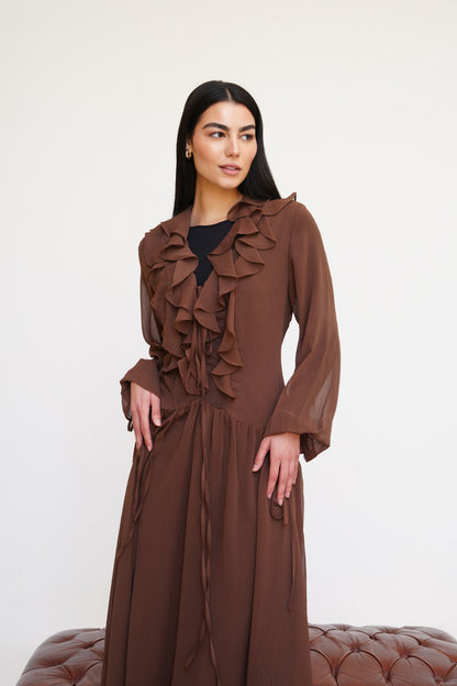 Ruffle Chiffon Dress in Brown