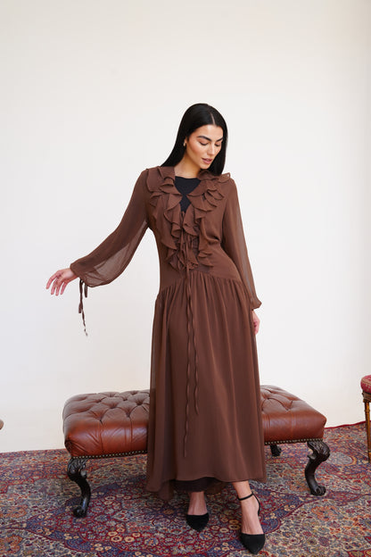 Ruffle Chiffon Dress in Brown