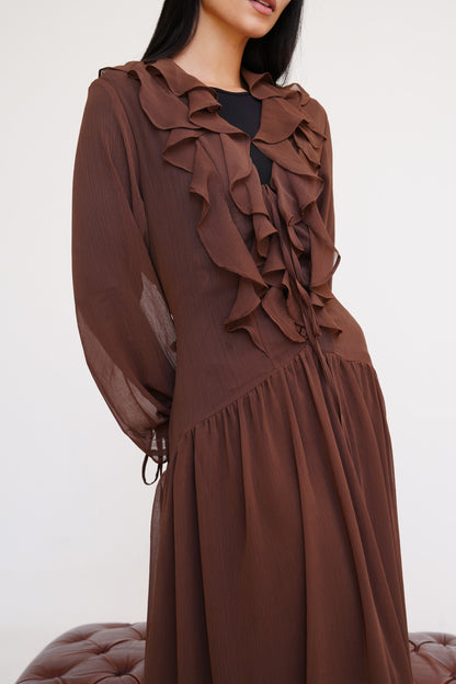 Ruffle Chiffon Dress in Brown