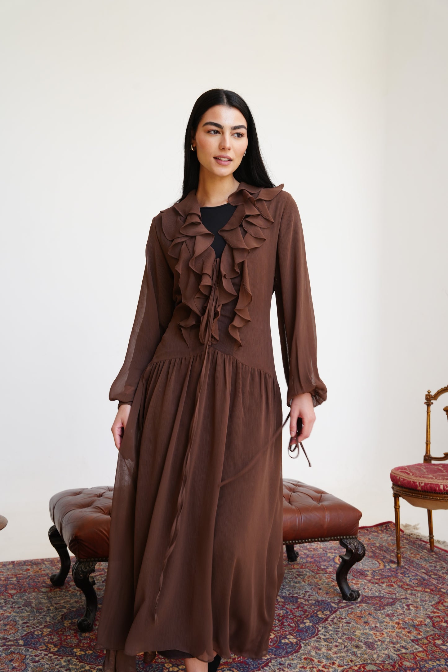 Ruffle Chiffon Dress in Brown