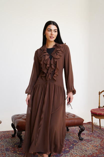 Ruffle Chiffon Dress in Brown