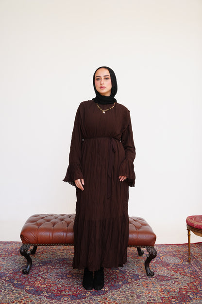 Sunshine Pleated Chiffon Dress in Brown