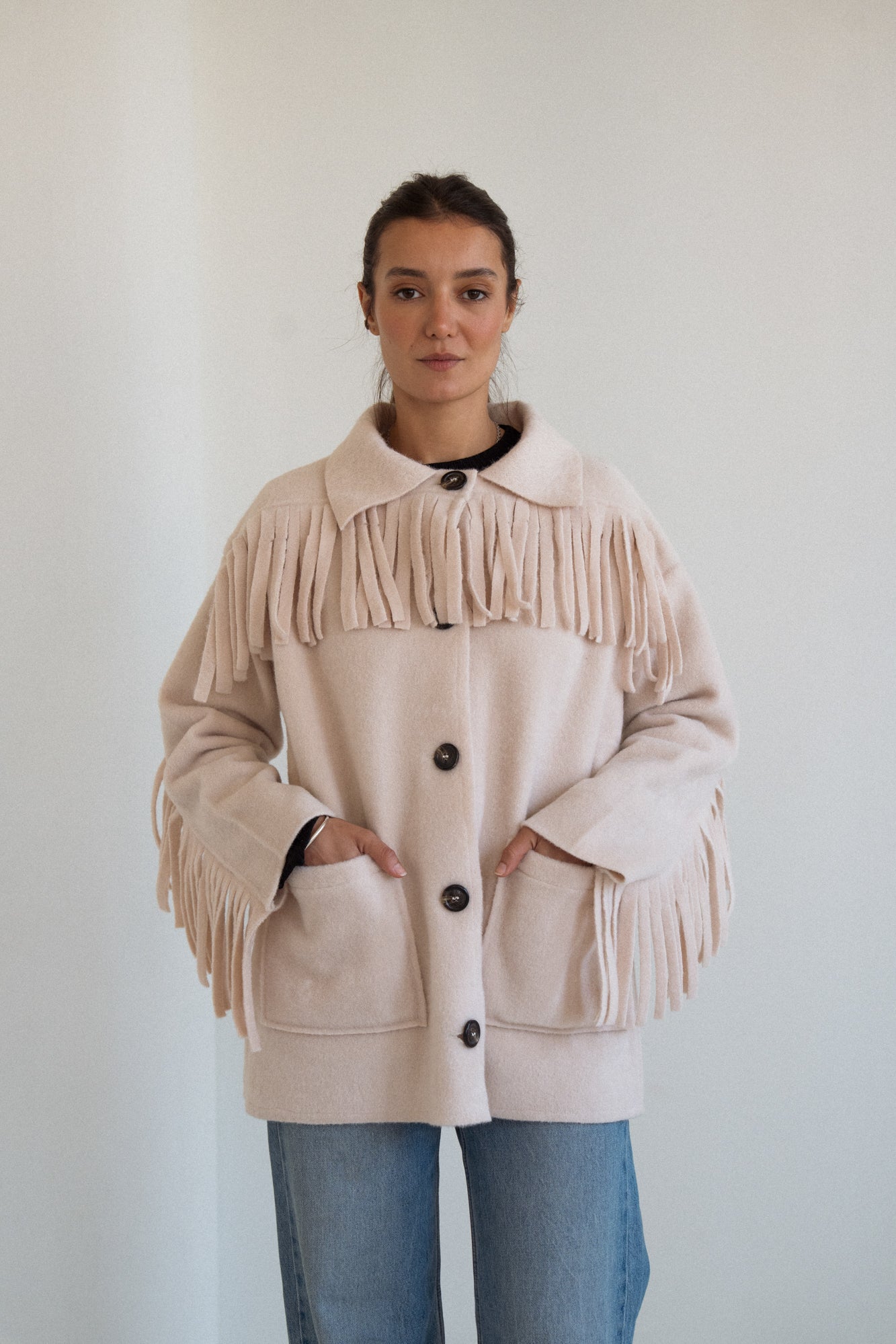 The Fringe Jacket in Cream Offwhite