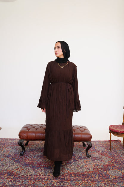 Sunshine Pleated Chiffon Dress in Brown