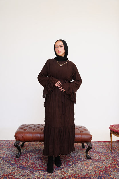 Sunshine Pleated Chiffon Dress in Brown