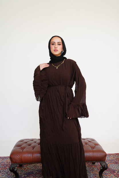 Sunshine Pleated Chiffon Dress in Brown