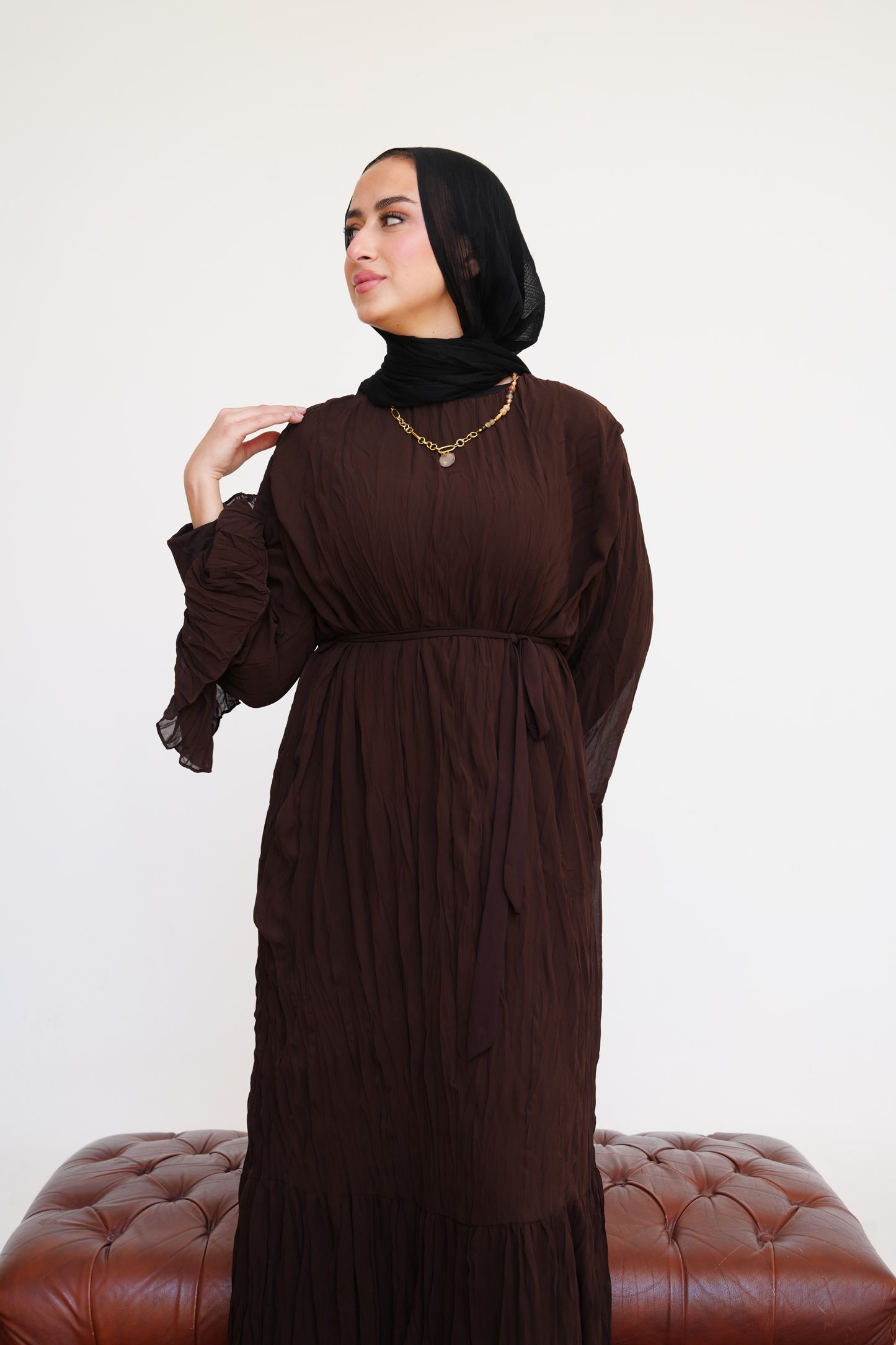 Sunshine Pleated Chiffon Dress in Brown