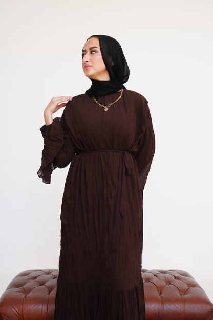 Sunshine Pleated Chiffon Dress in Brown