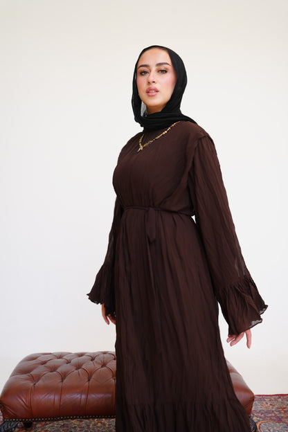 Sunshine Pleated Chiffon Dress in Brown