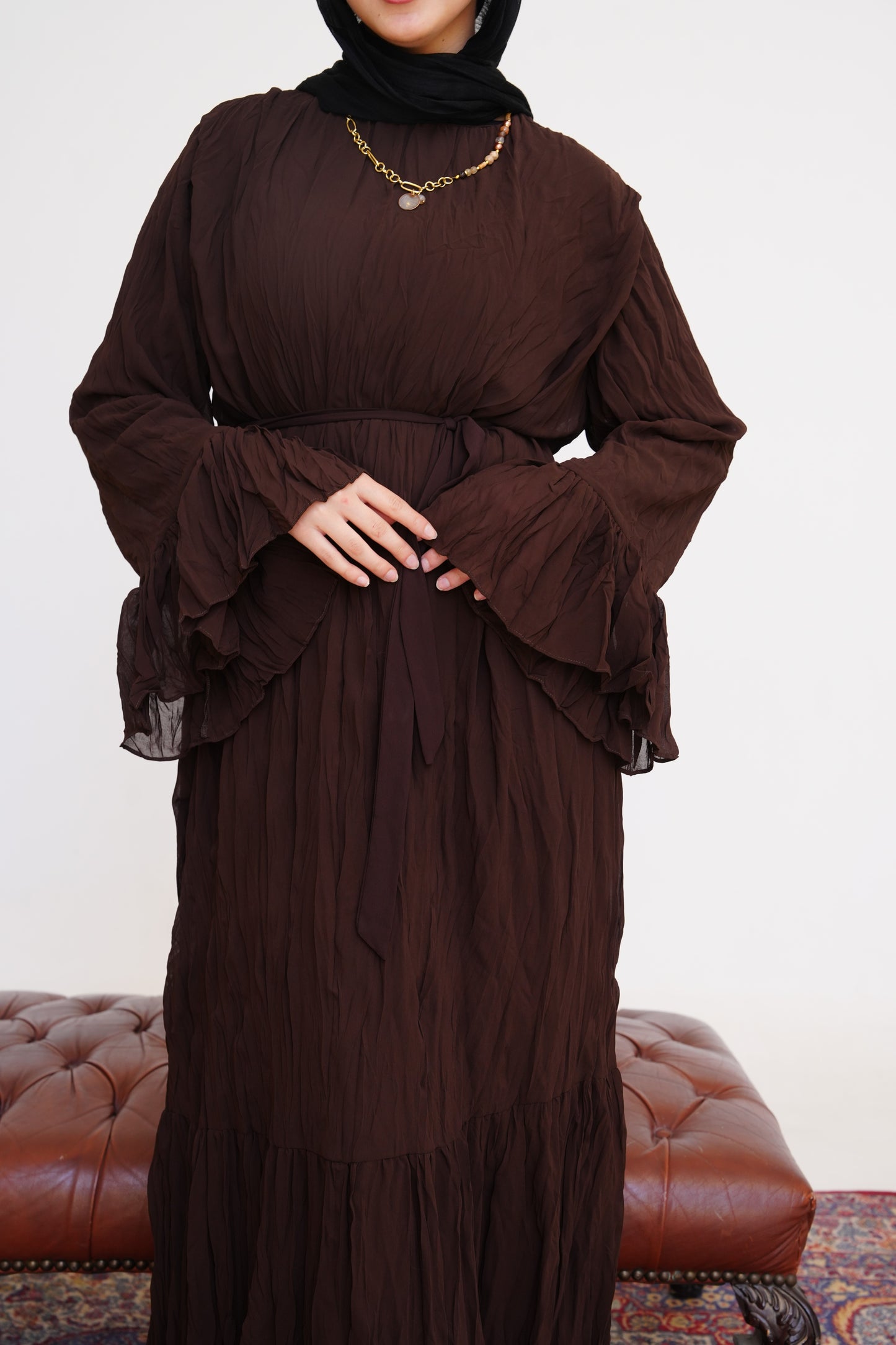 Sunshine Pleated Chiffon Dress in Brown