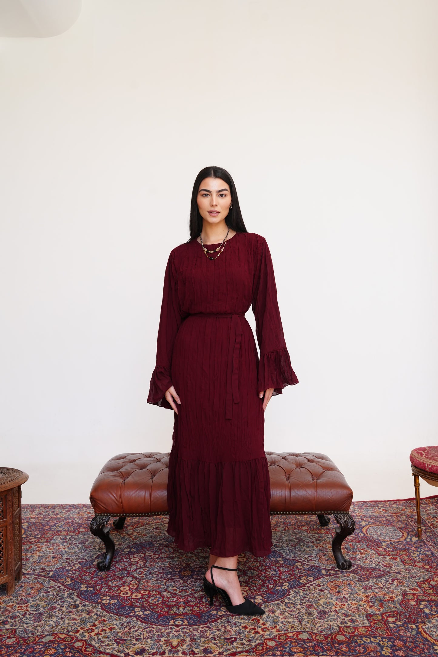 Sunshine Pleated Chiffon Dress in Maroon