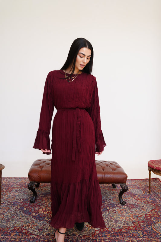 Sunshine Pleated Chiffon Dress in Maroon