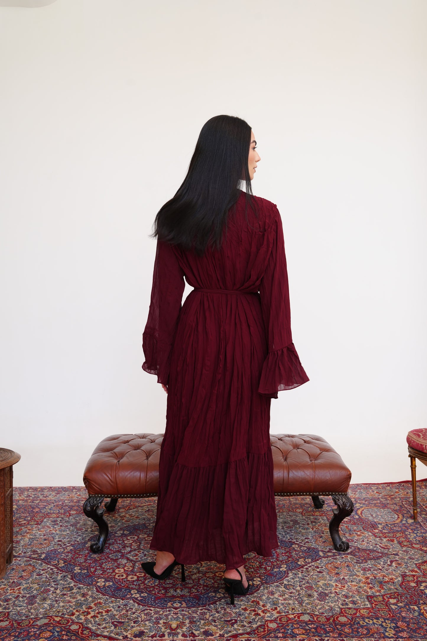 Sunshine Pleated Chiffon Dress in Maroon