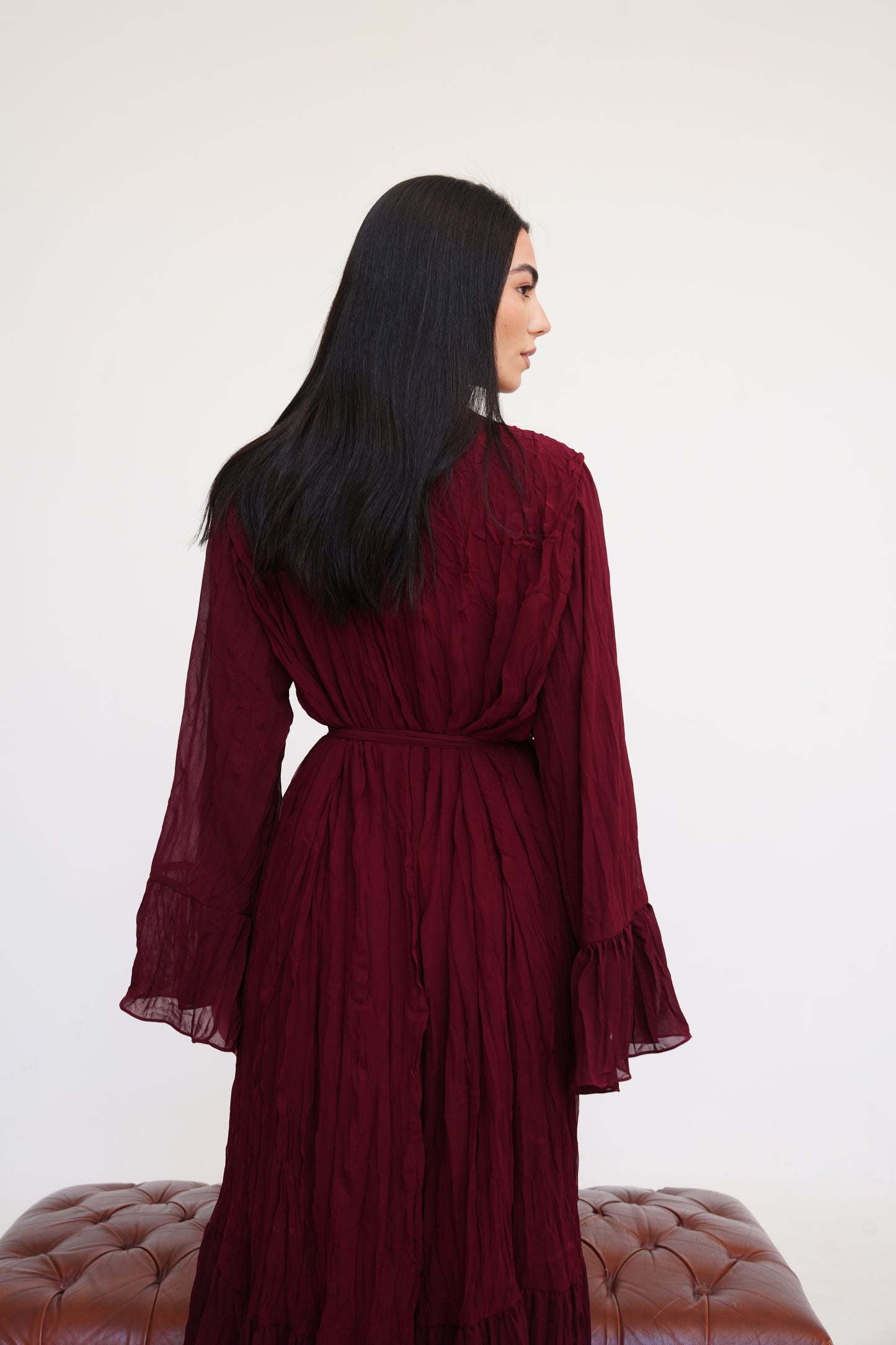 Sunshine Pleated Chiffon Dress in Maroon
