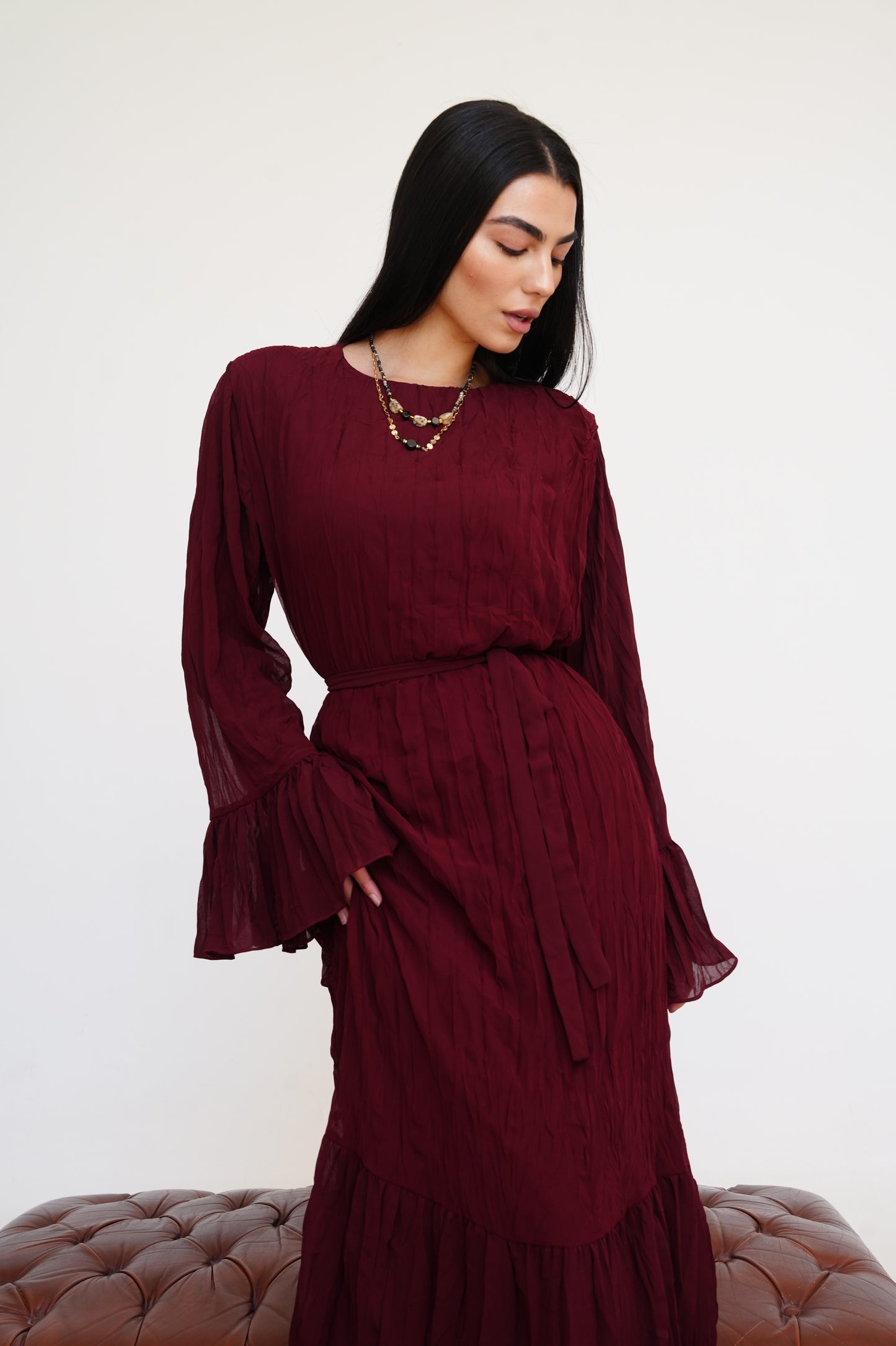 Sunshine Pleated Chiffon Dress in Maroon