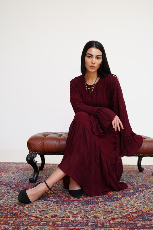 Sunshine Pleated Chiffon Dress in Maroon