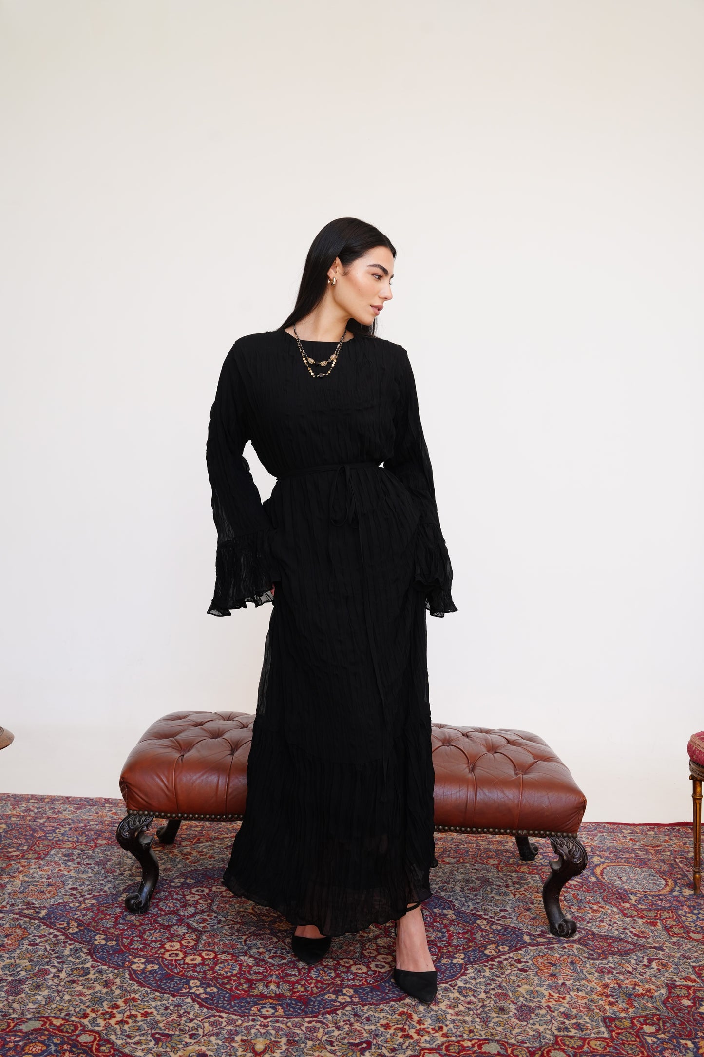 Sunshine Pleated Chiffon Dress in Black