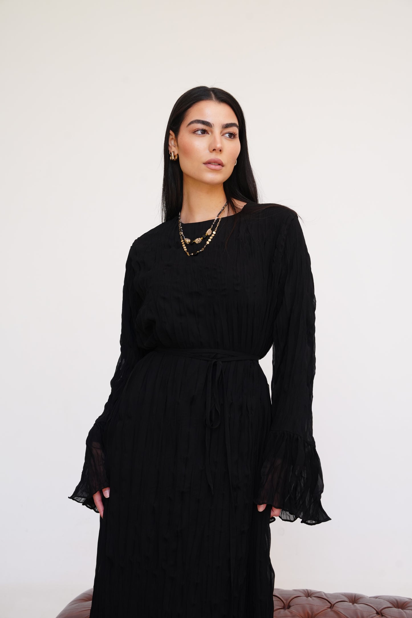Sunshine Pleated Chiffon Dress in Black