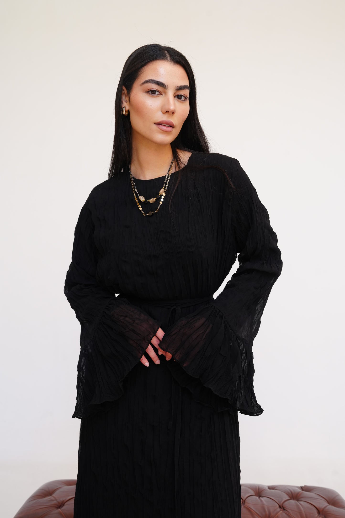 Sunshine Pleated Chiffon Dress in Black
