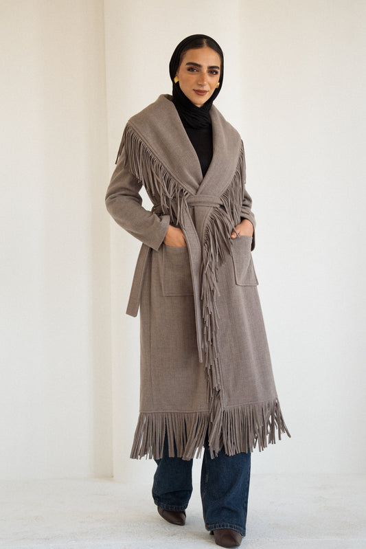 The Fringe Wrap Coat in Greige