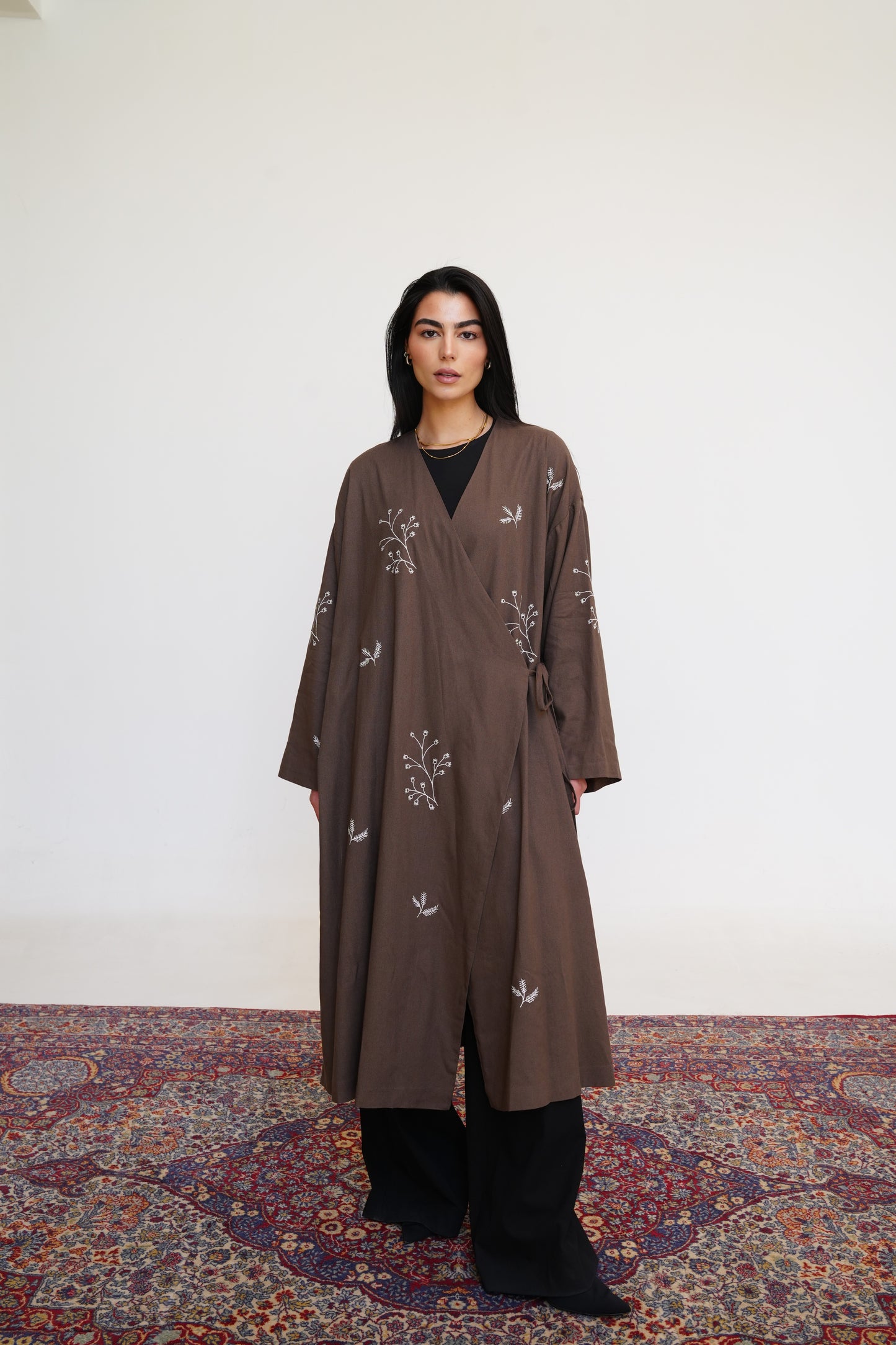 Embroidered Linen Kaftan in Brown