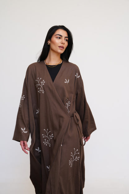 Embroidered Linen Kaftan in Brown