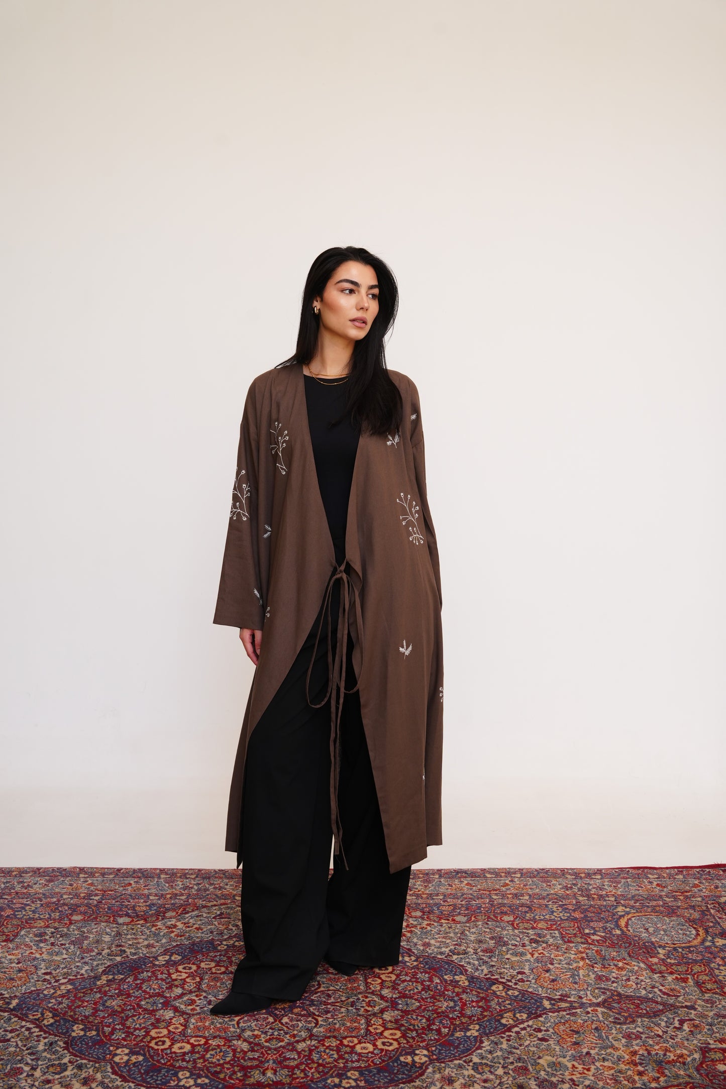 Embroidered Linen Kaftan in Brown