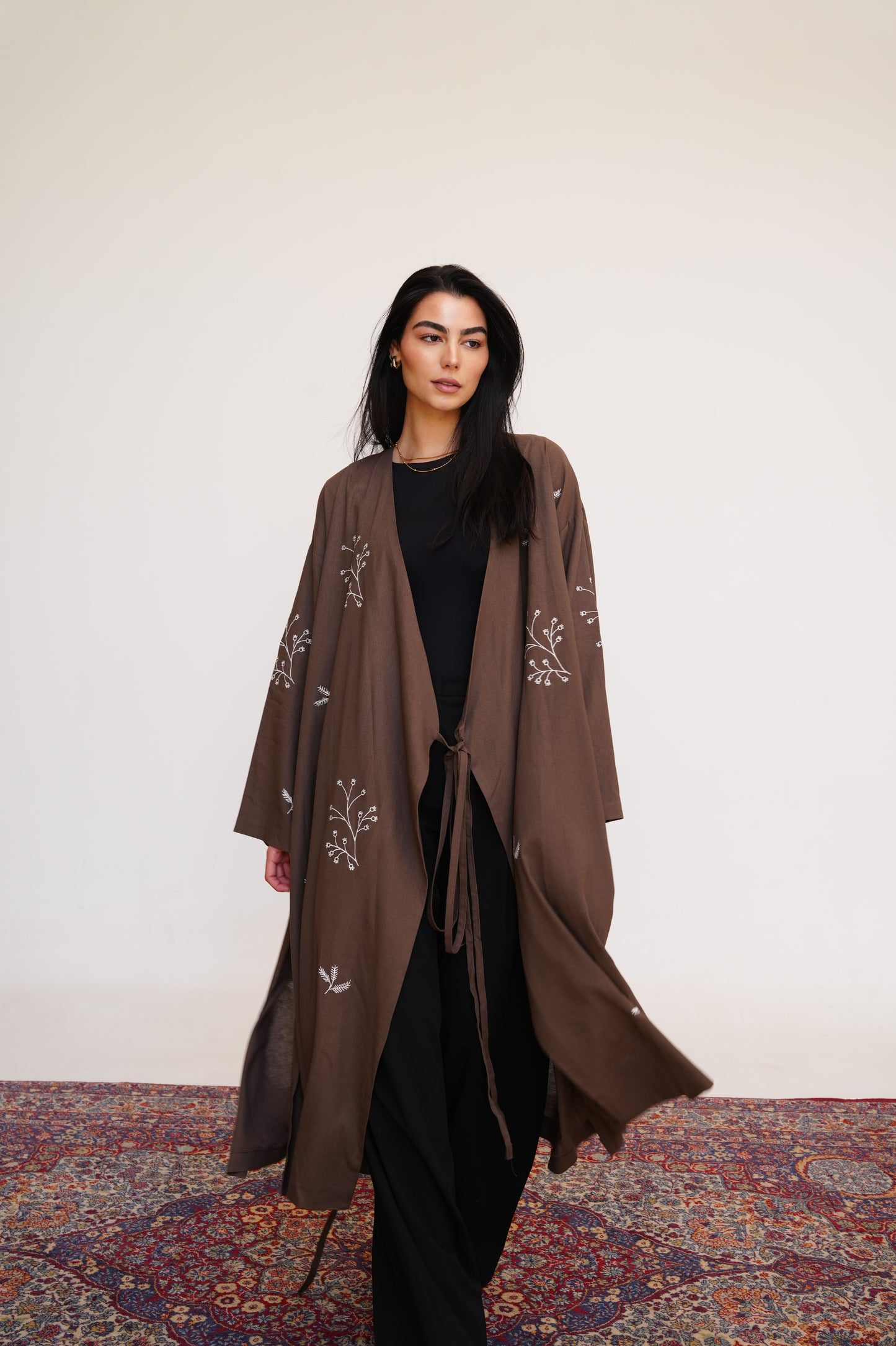 Embroidered Linen Kaftan in Brown